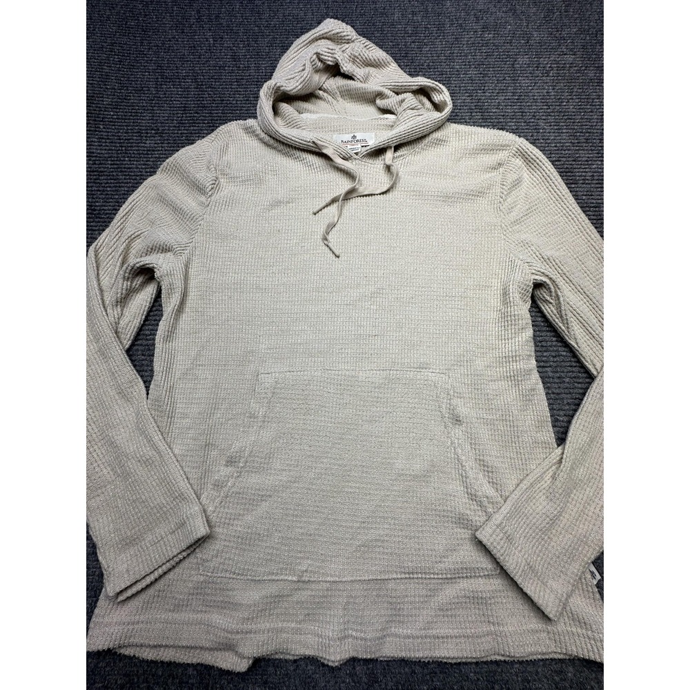 Rainforest Pullover Sweater Mens Medium Beige Hooded Waffle Knit Kangaroo Pocket